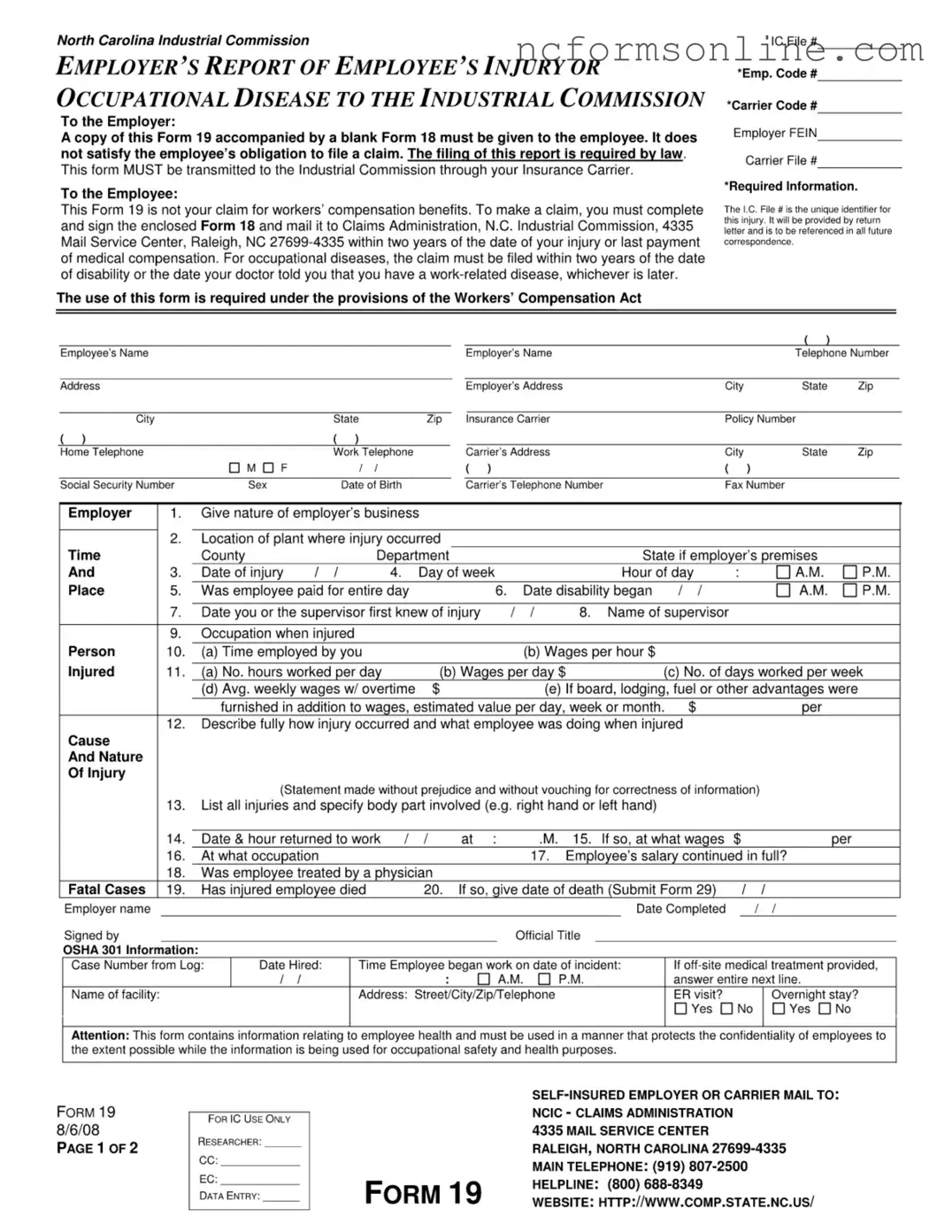Free 19 North Carolina Form