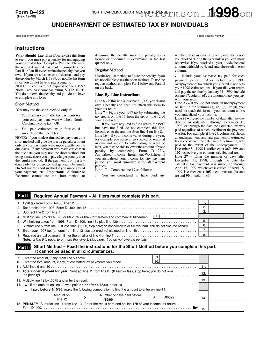Free D 422 North Carolina Form