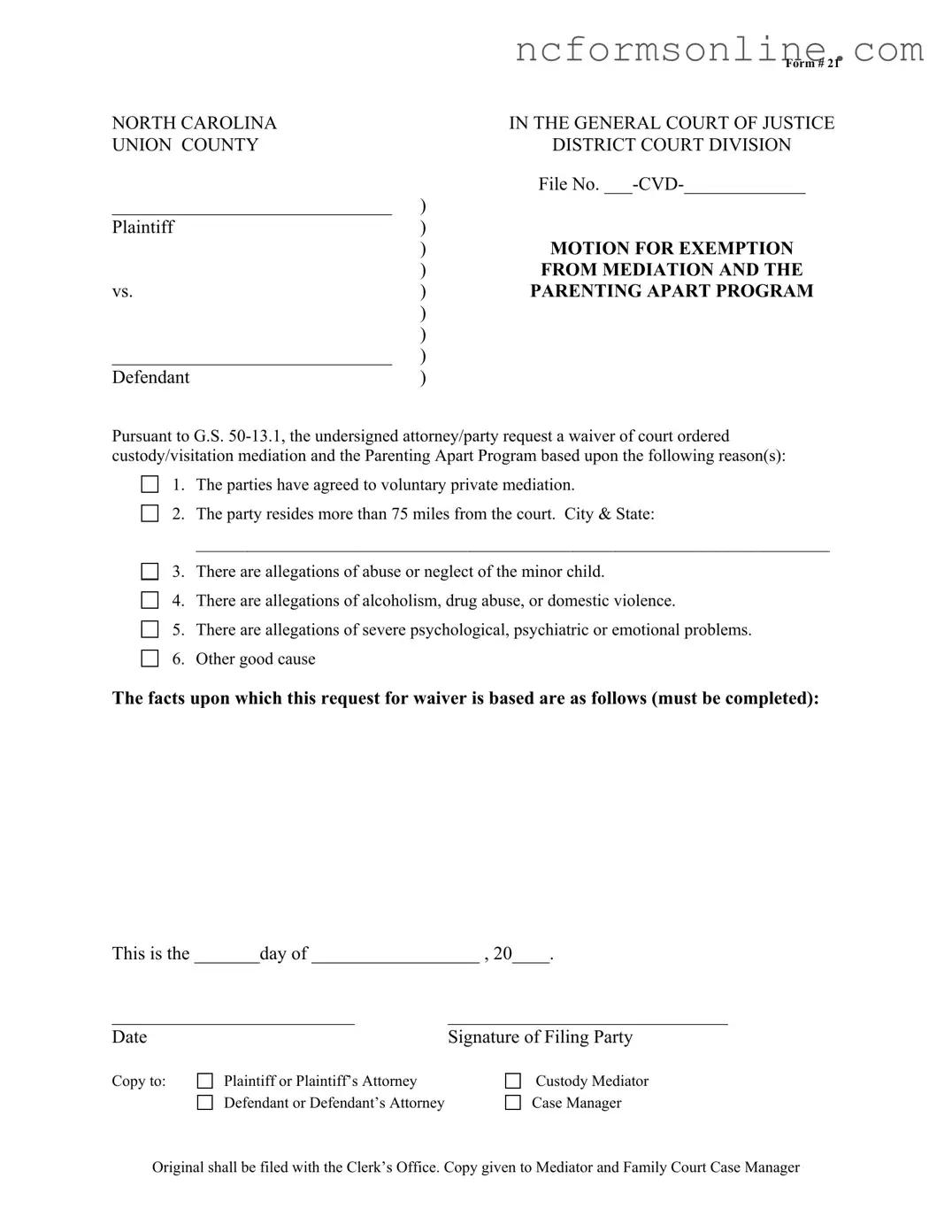 Free North Carolina 21 Form