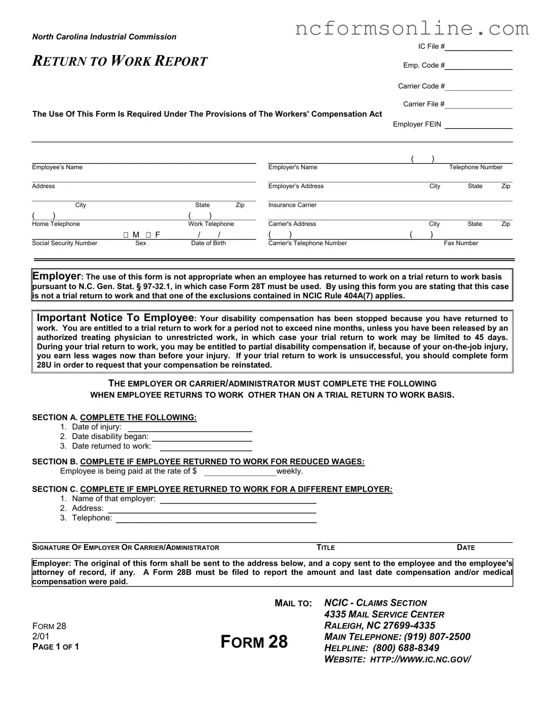 Free North Carolina 28 Form