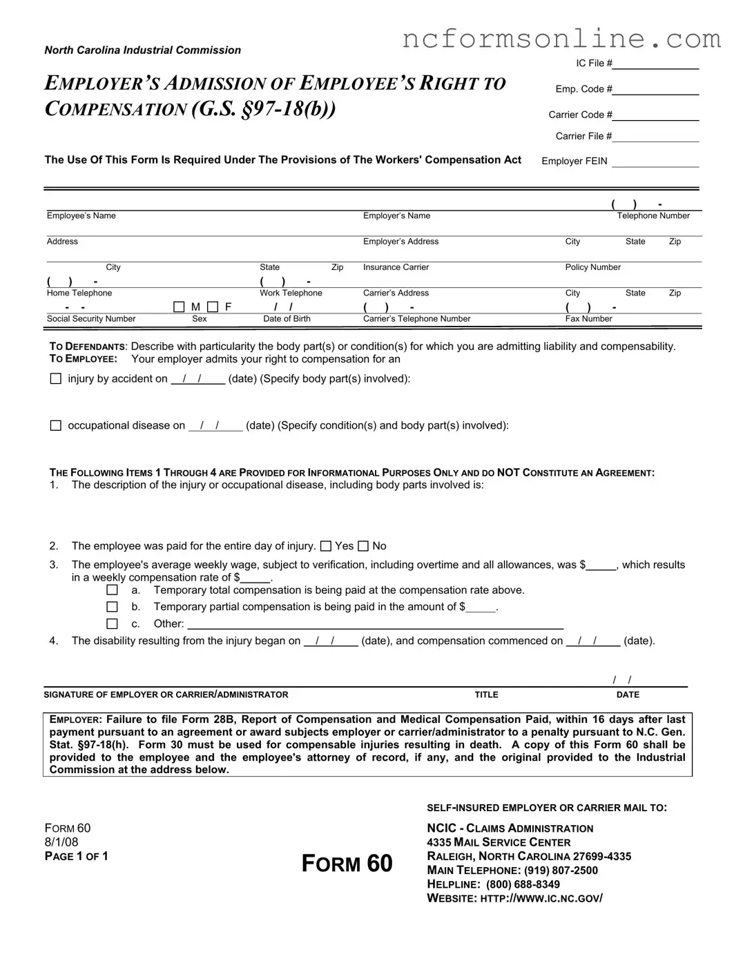 Free North Carolina 60 Form