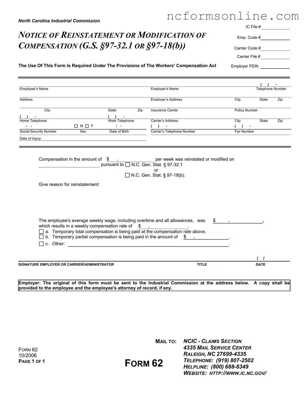 Free North Carolina 62 Form