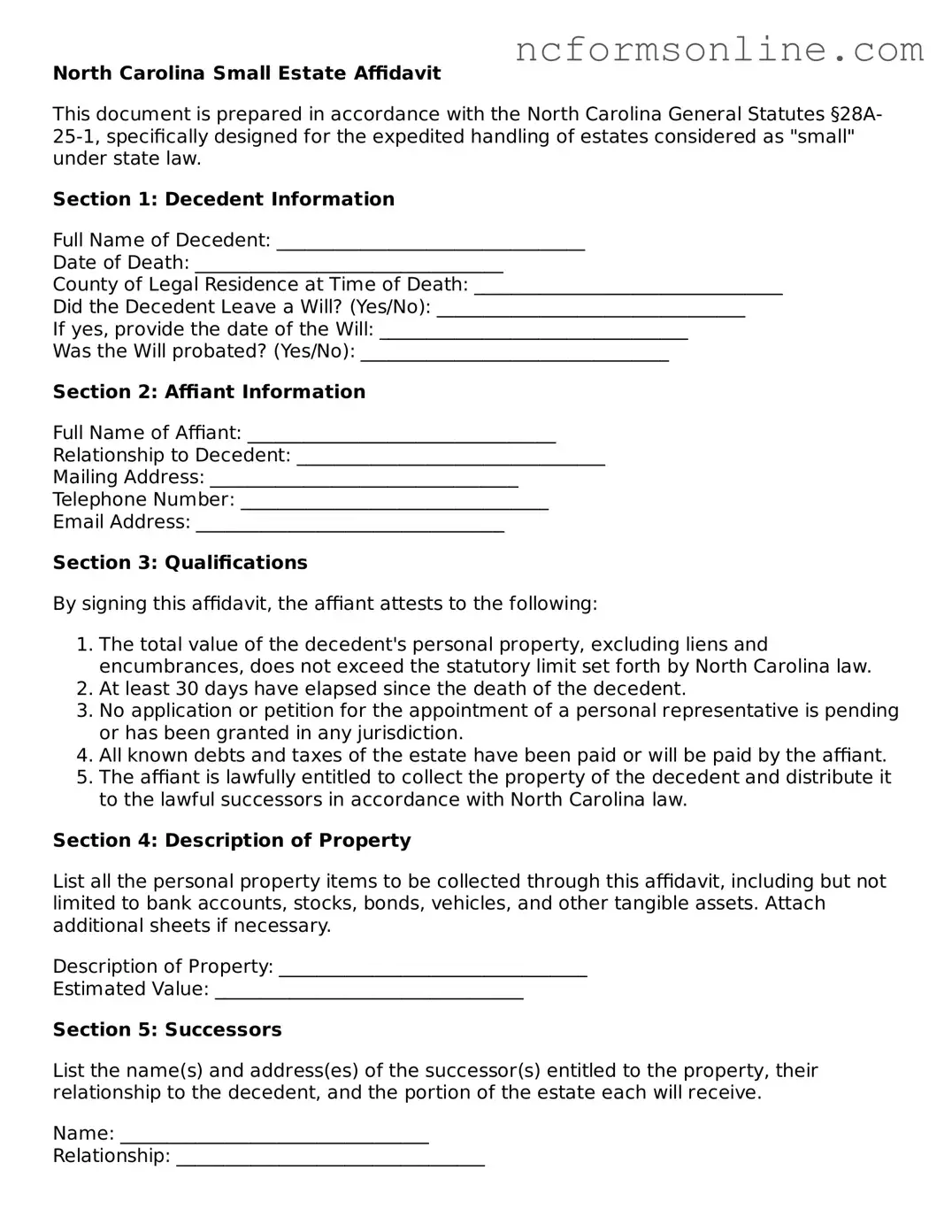 Blank  Small Estate Affidavit Template for North Carolina