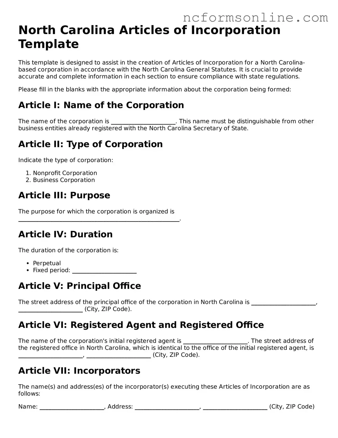 Blank  Articles of Incorporation Template for North Carolina
