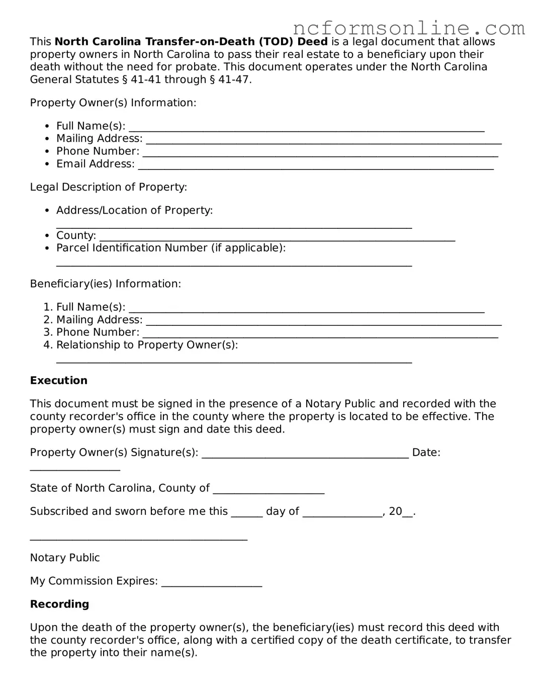 Blank  Transfer-on-Death Deed Template for North Carolina