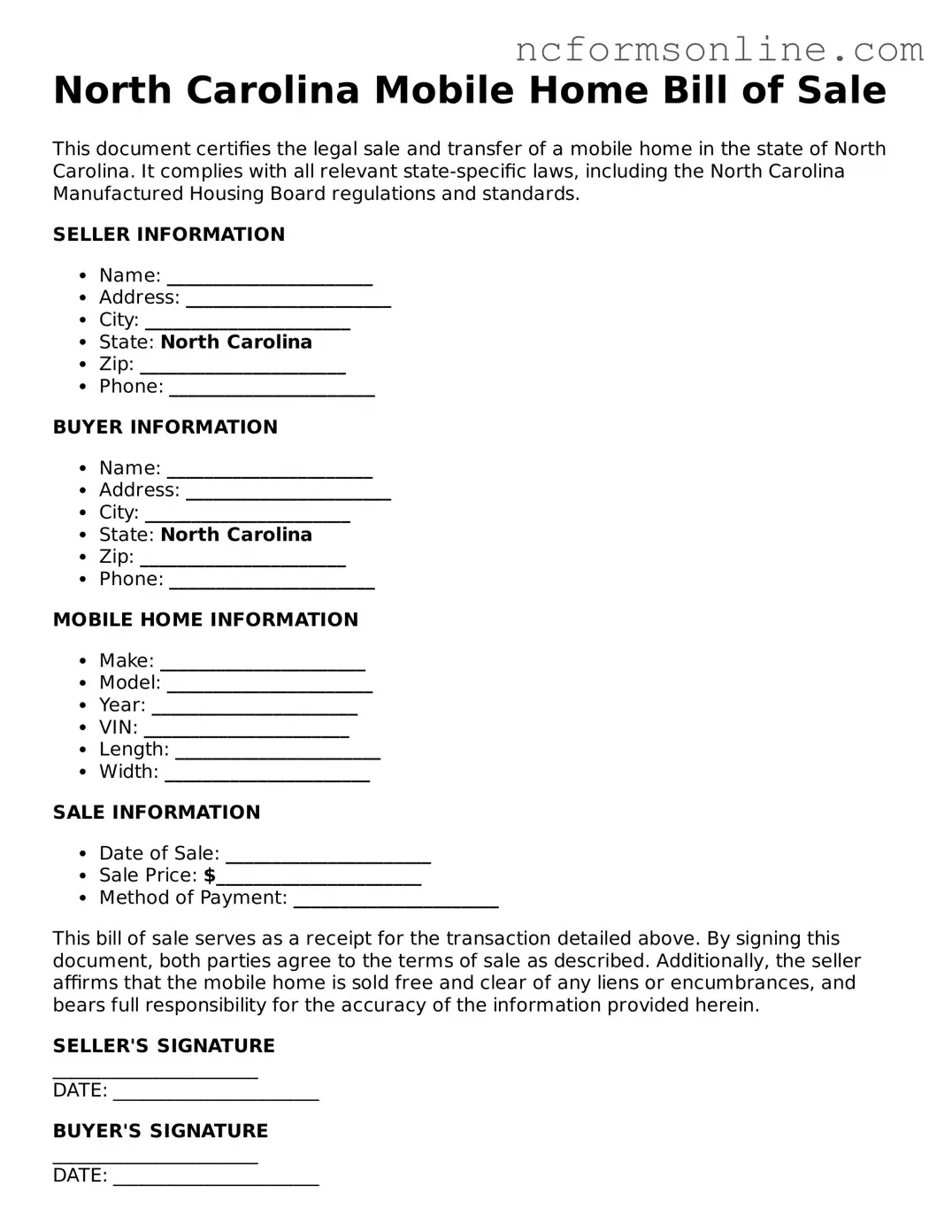Blank  Mobile Home Bill of Sale Template for North Carolina