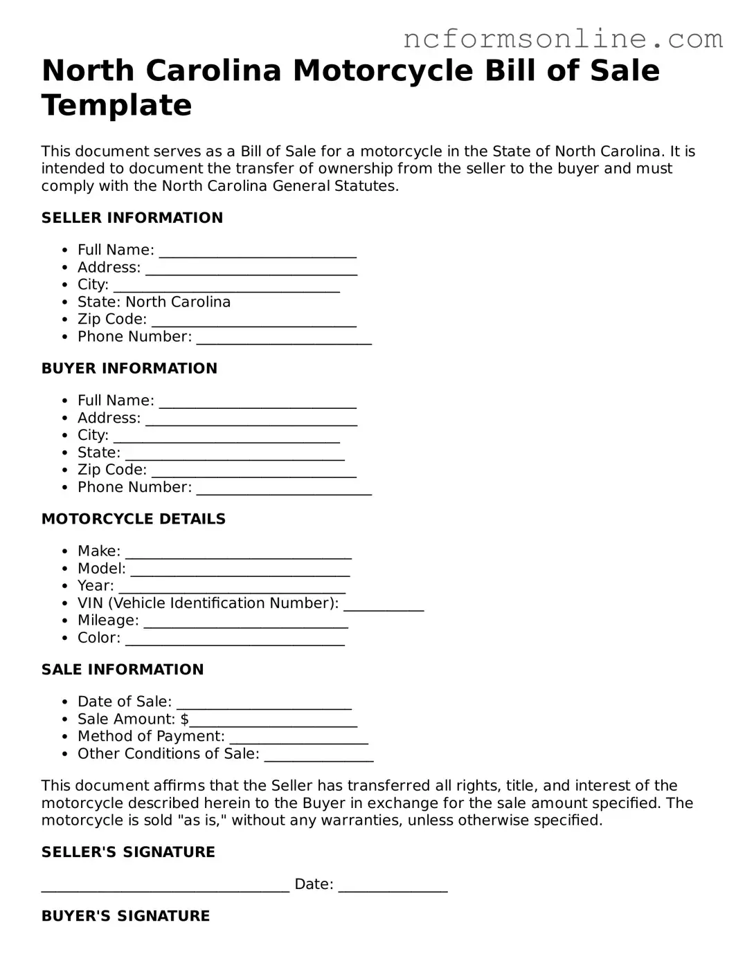 Blank  Motorcycle Bill of Sale Template for North Carolina