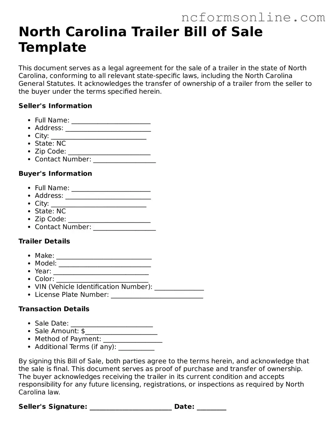 Blank  Trailer Bill of Sale Template for North Carolina