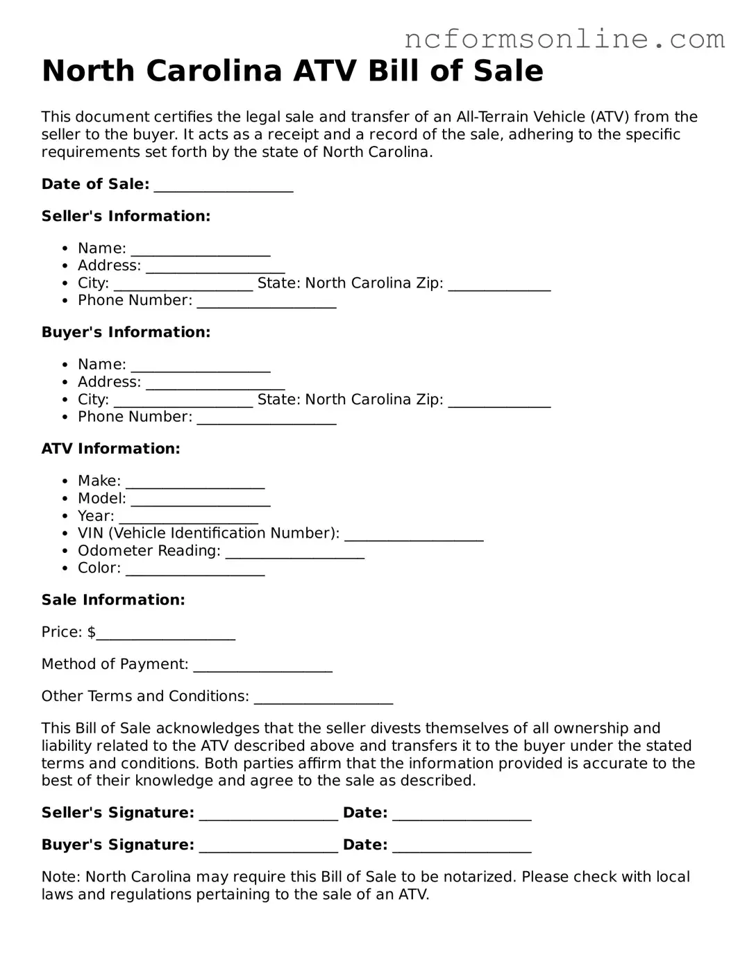 Blank  ATV Bill of Sale Template for North Carolina
