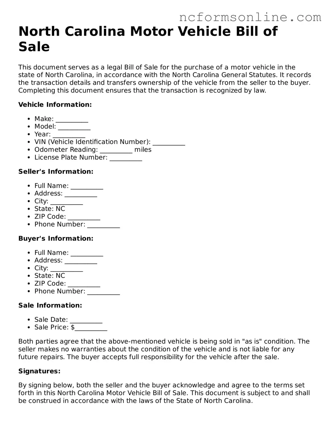 Blank  Motor Vehicle Bill of Sale Template for North Carolina