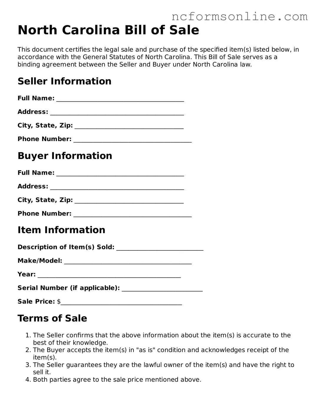 Blank  Bill of Sale Template for North Carolina