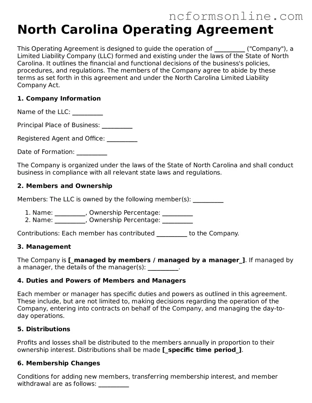 Blank  Operating Agreement Template for North Carolina