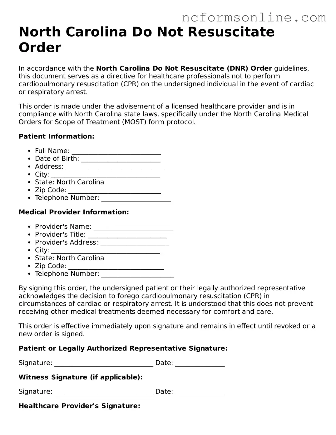 Blank  Do Not Resuscitate Order Template for North Carolina