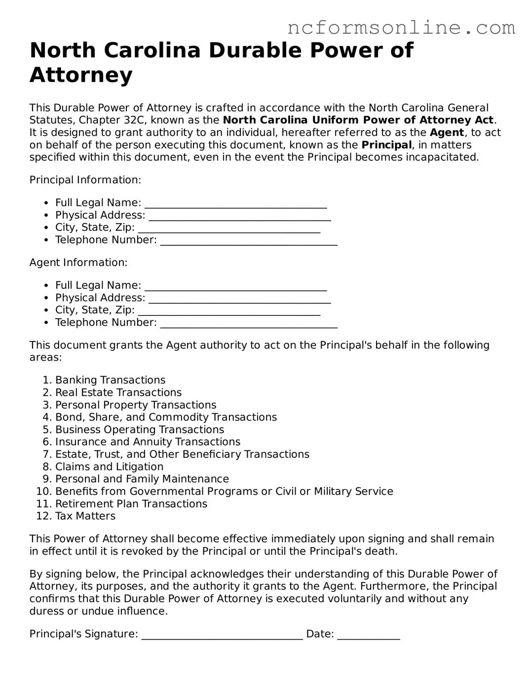 Blank  Durable Power of Attorney Template for North Carolina