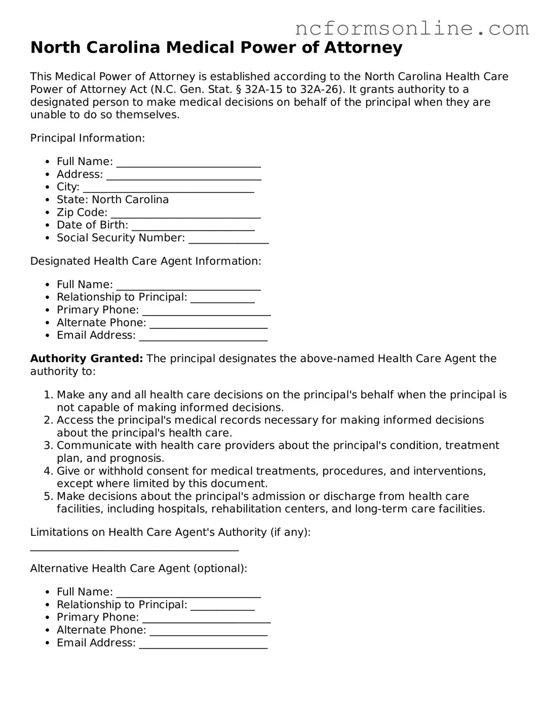 Blank  Medical Power of Attorney Template for North Carolina