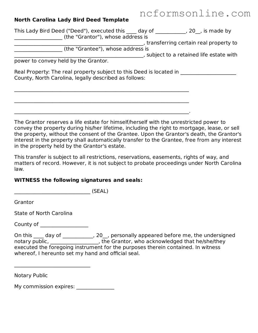 Blank  Lady Bird Deed Template for North Carolina