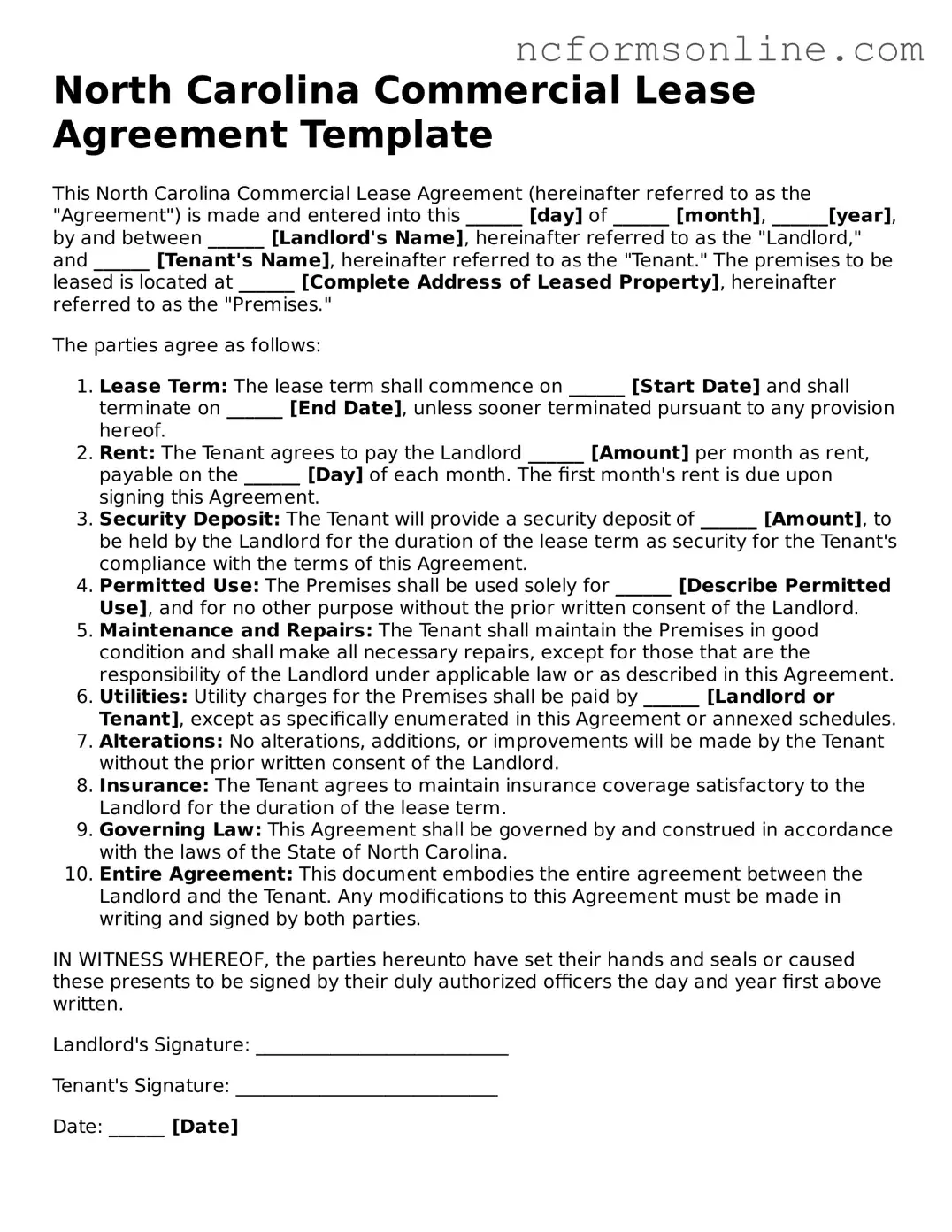 Blank  Commercial Lease Agreement Template for North Carolina