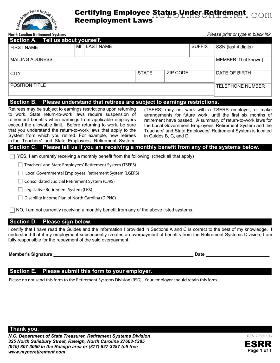 Free North Carolina Esrr Form