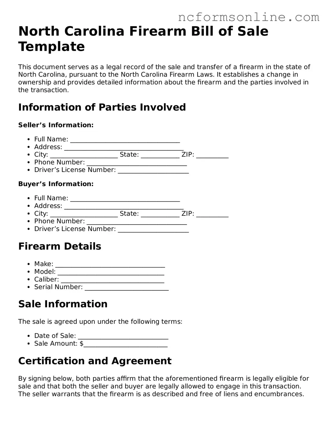 Blank  Firearm Bill of Sale Template for North Carolina