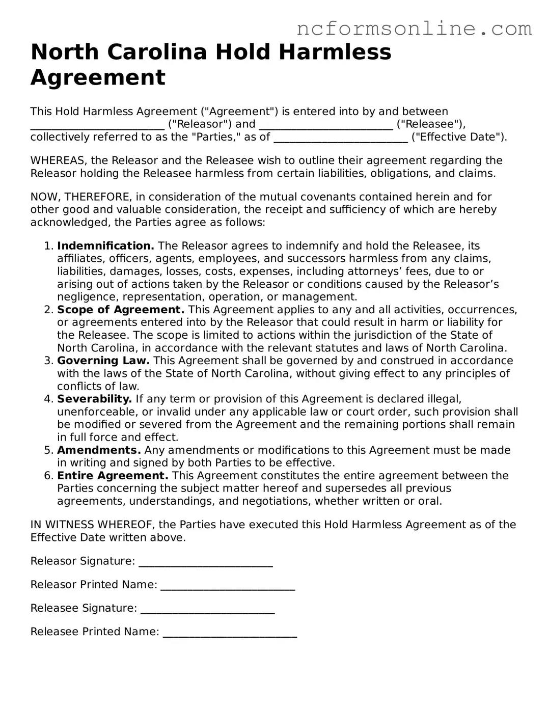 Blank  Hold Harmless Agreement Template for North Carolina