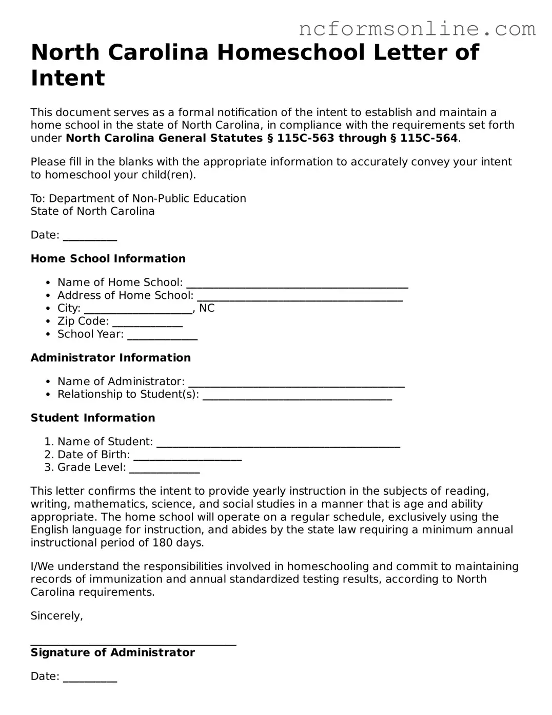 Blank  Homeschool Letter of Intent Template for North Carolina