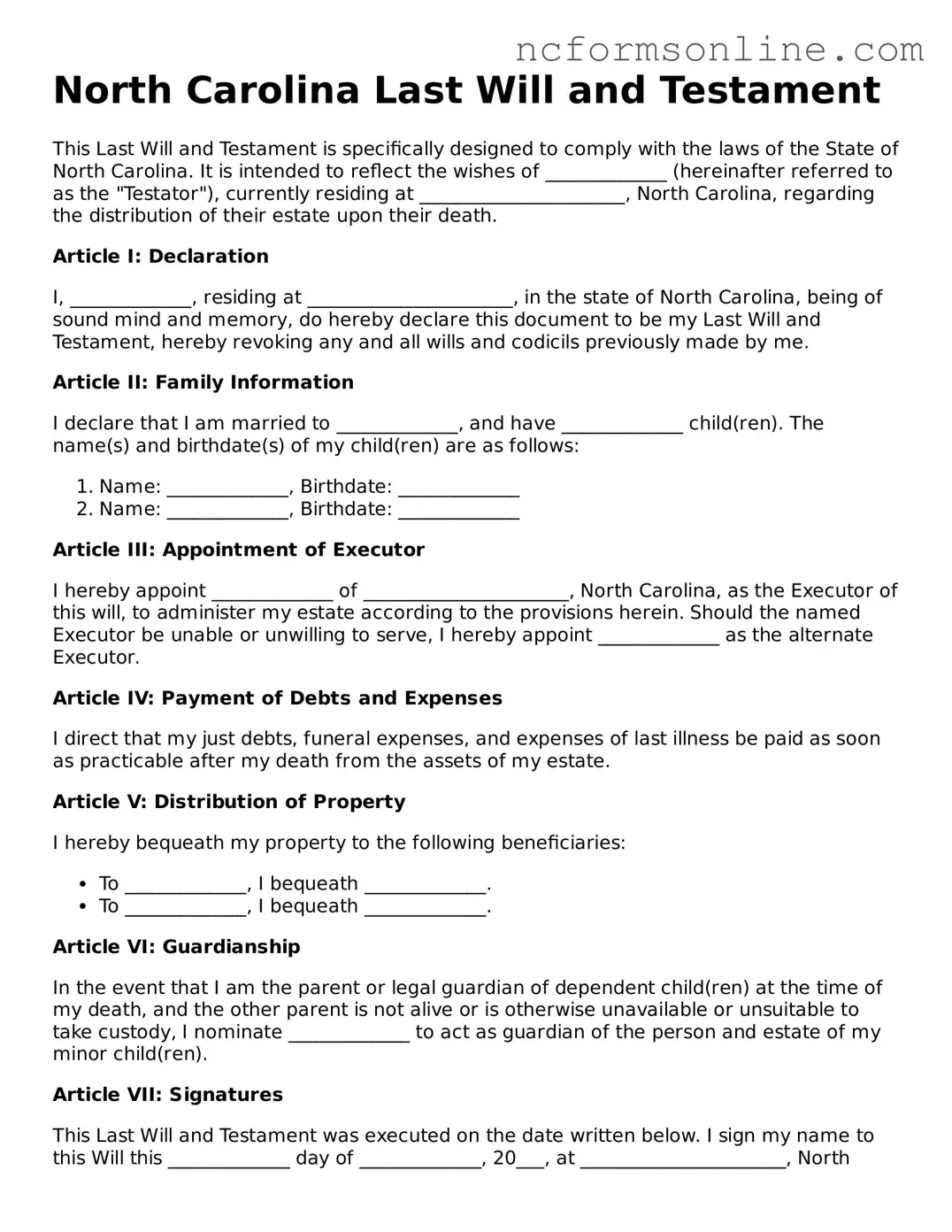 Blank  Last Will and Testament Template for North Carolina