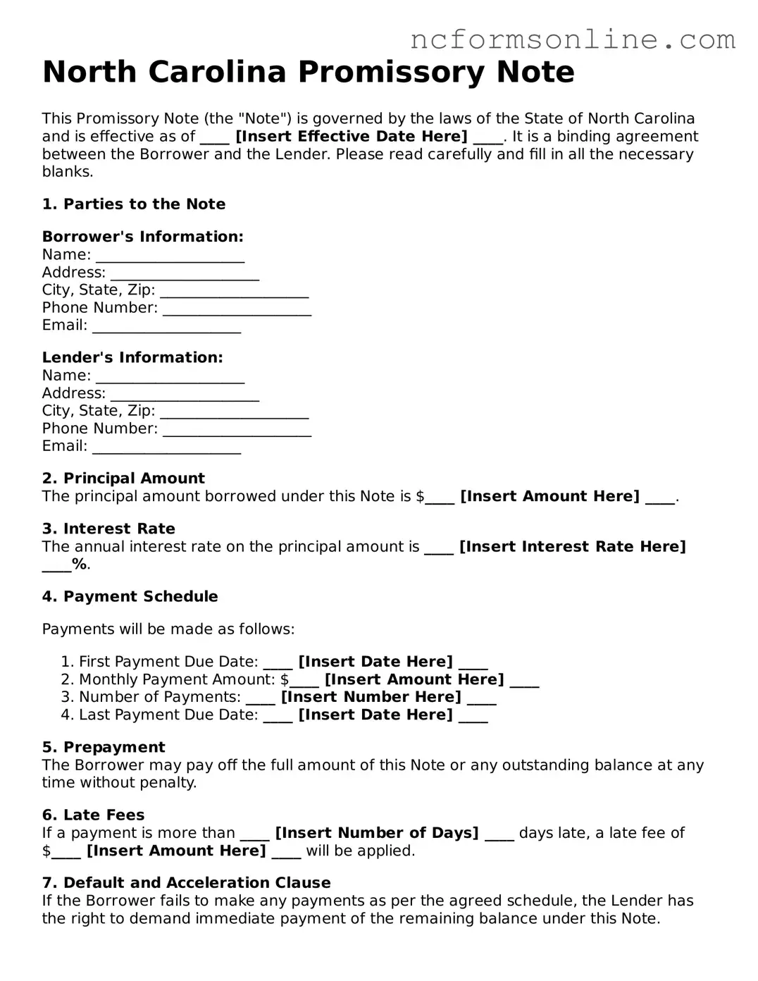Blank  Promissory Note Template for North Carolina