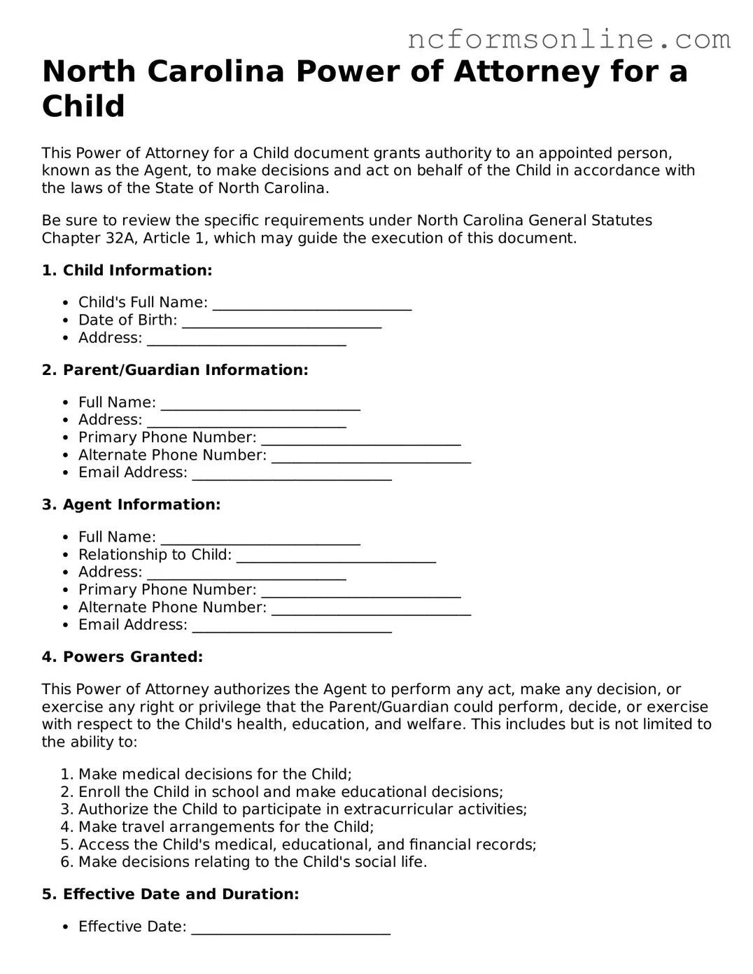 Blank  Power of Attorney for a Child Template for North Carolina