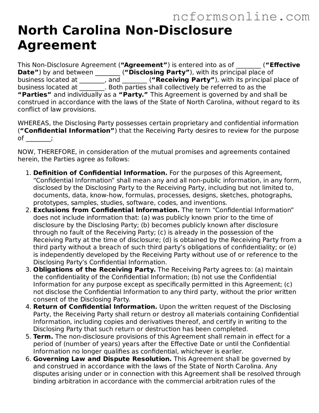 Blank  Non-disclosure Agreement Template for North Carolina