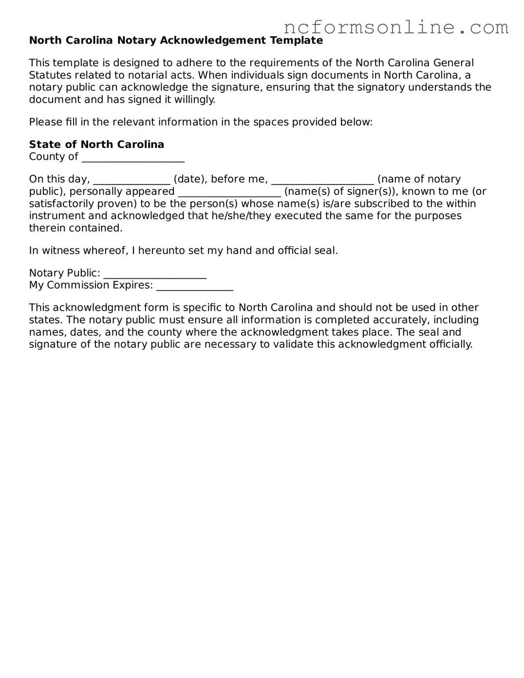 Blank  Notary Acknowledgement Template for North Carolina