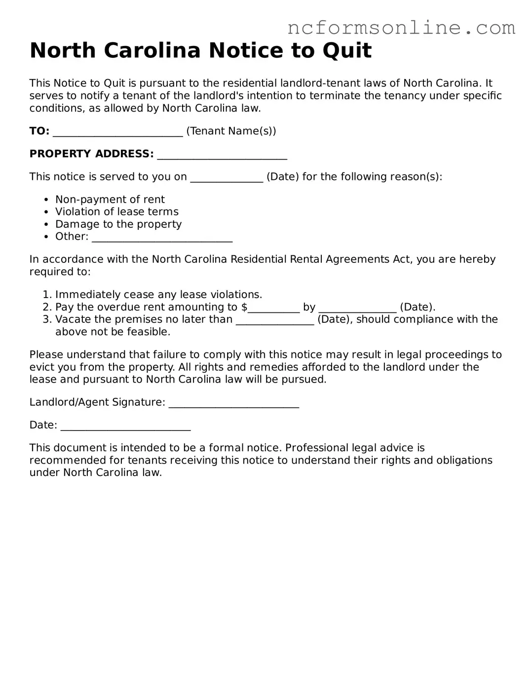 Blank  Notice to Quit Template for North Carolina