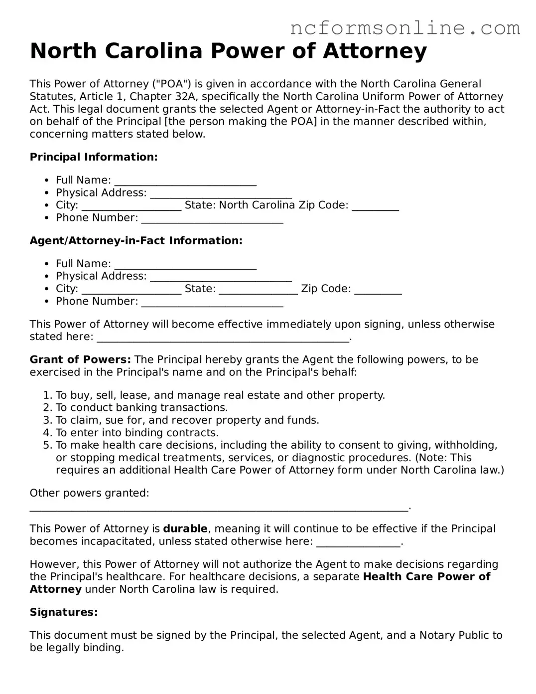 Blank  Power of Attorney Template for North Carolina