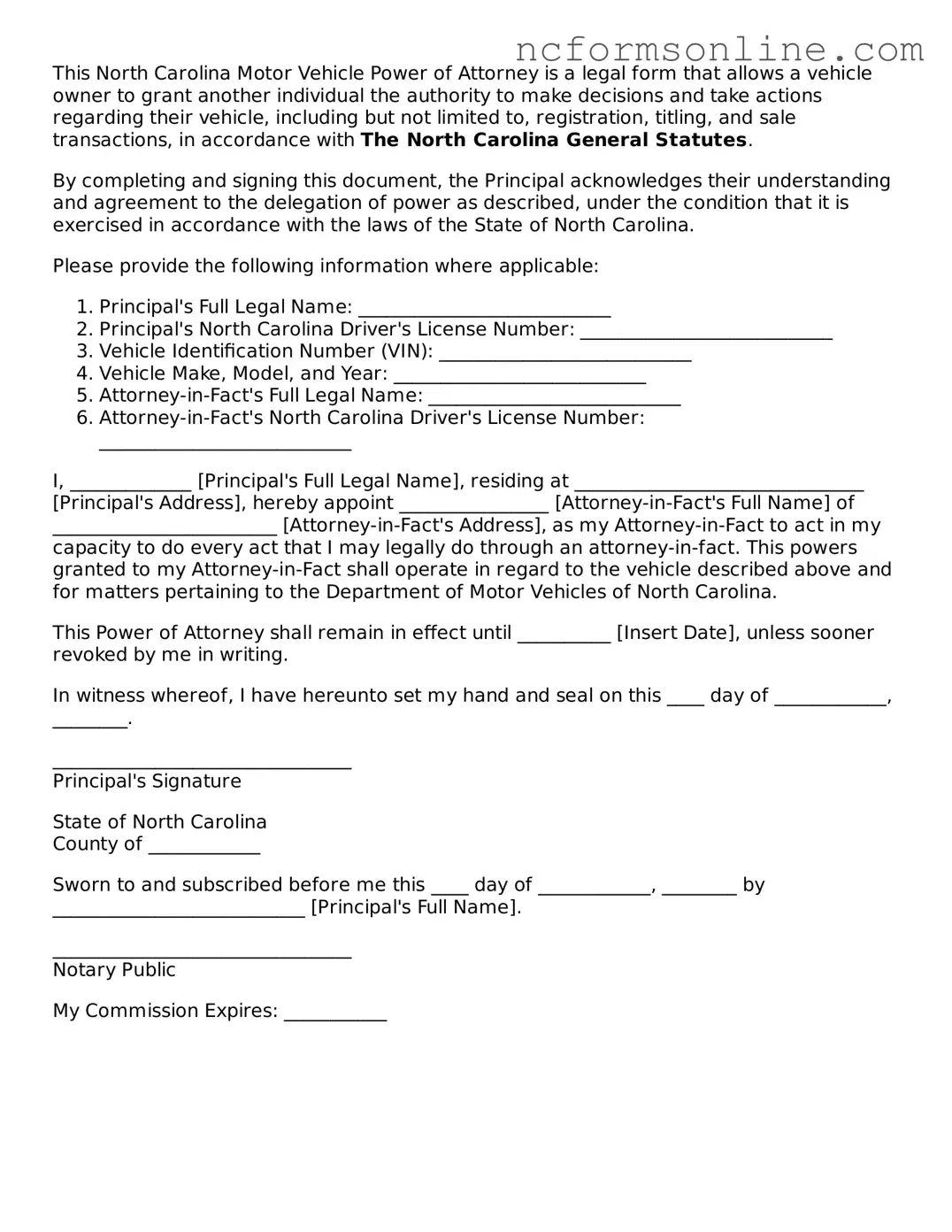 Blank  Motor Vehicle Power of Attorney Template for North Carolina