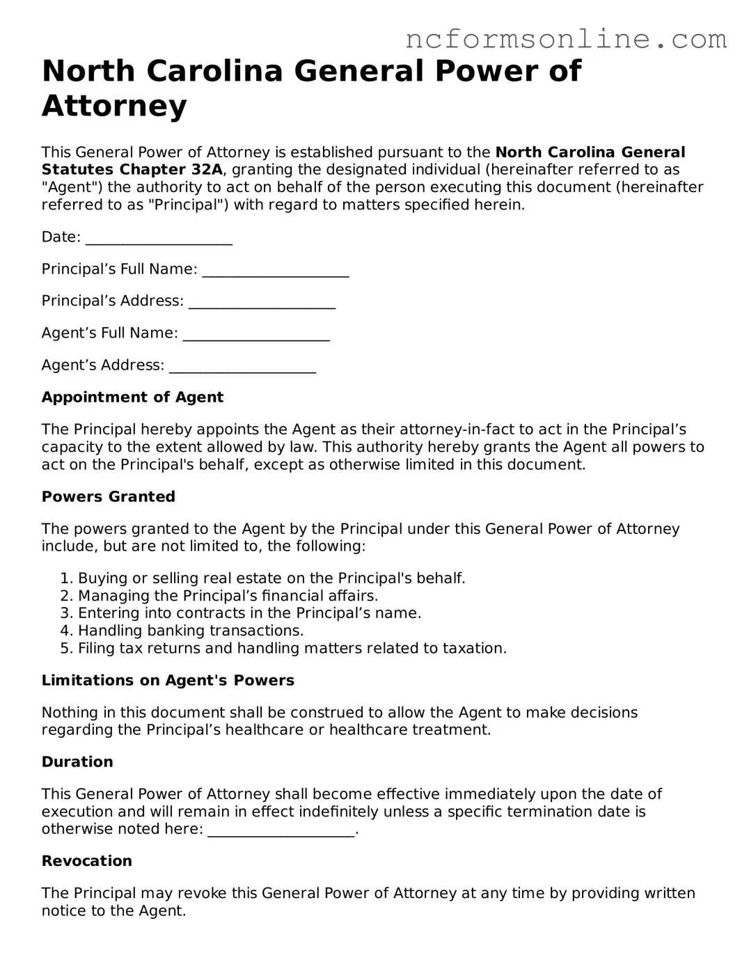 Blank  General Power of Attorney Template for North Carolina