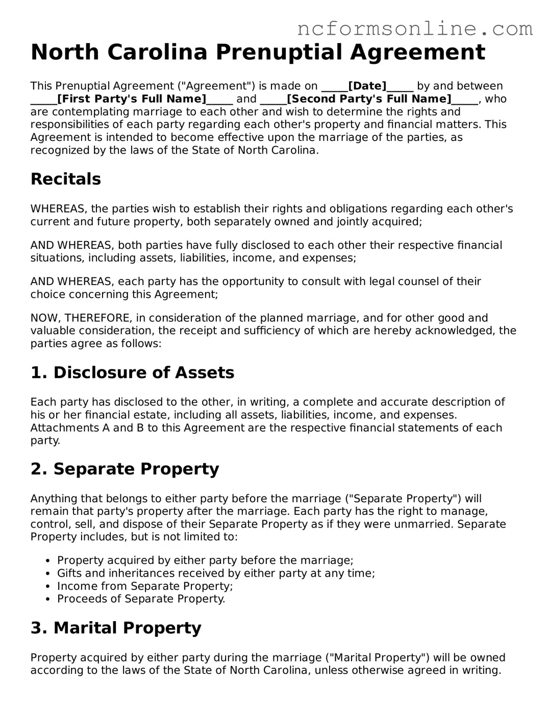 Blank  Prenuptial Agreement Template for North Carolina