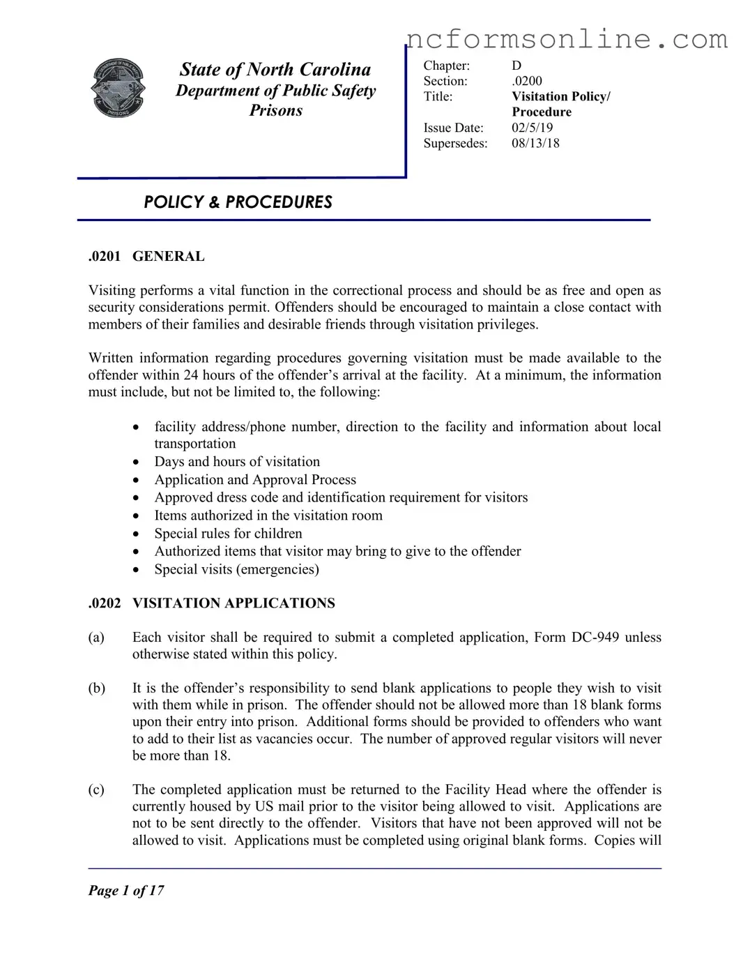 Free North Carolina Prison Application Form