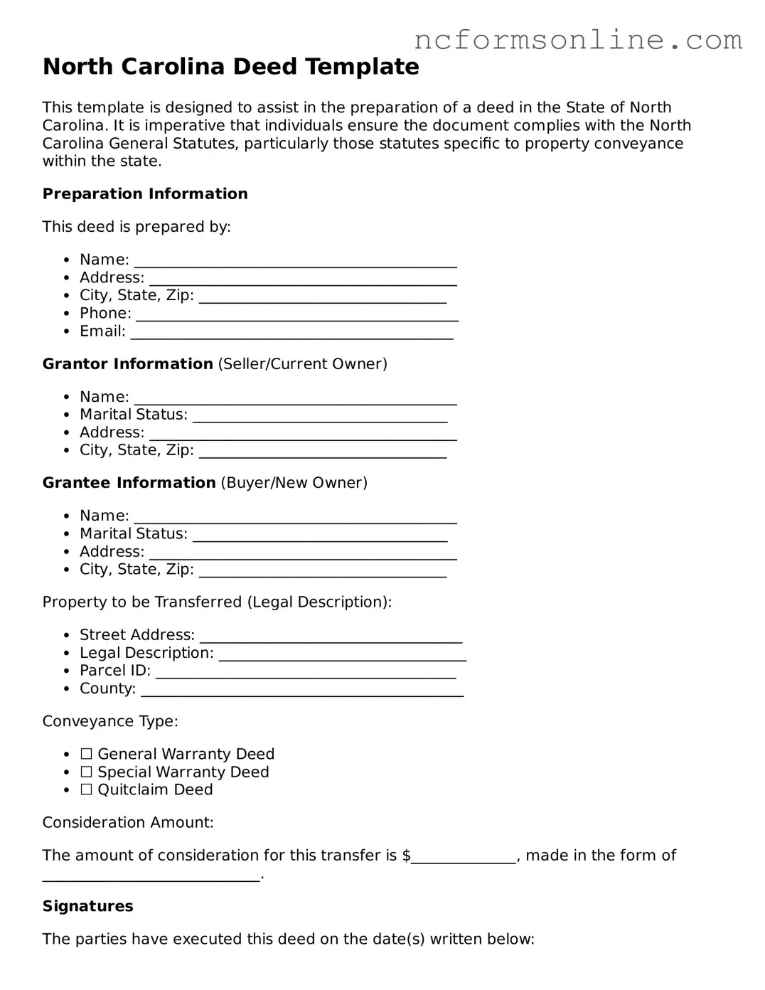 Blank  Deed Template for North Carolina