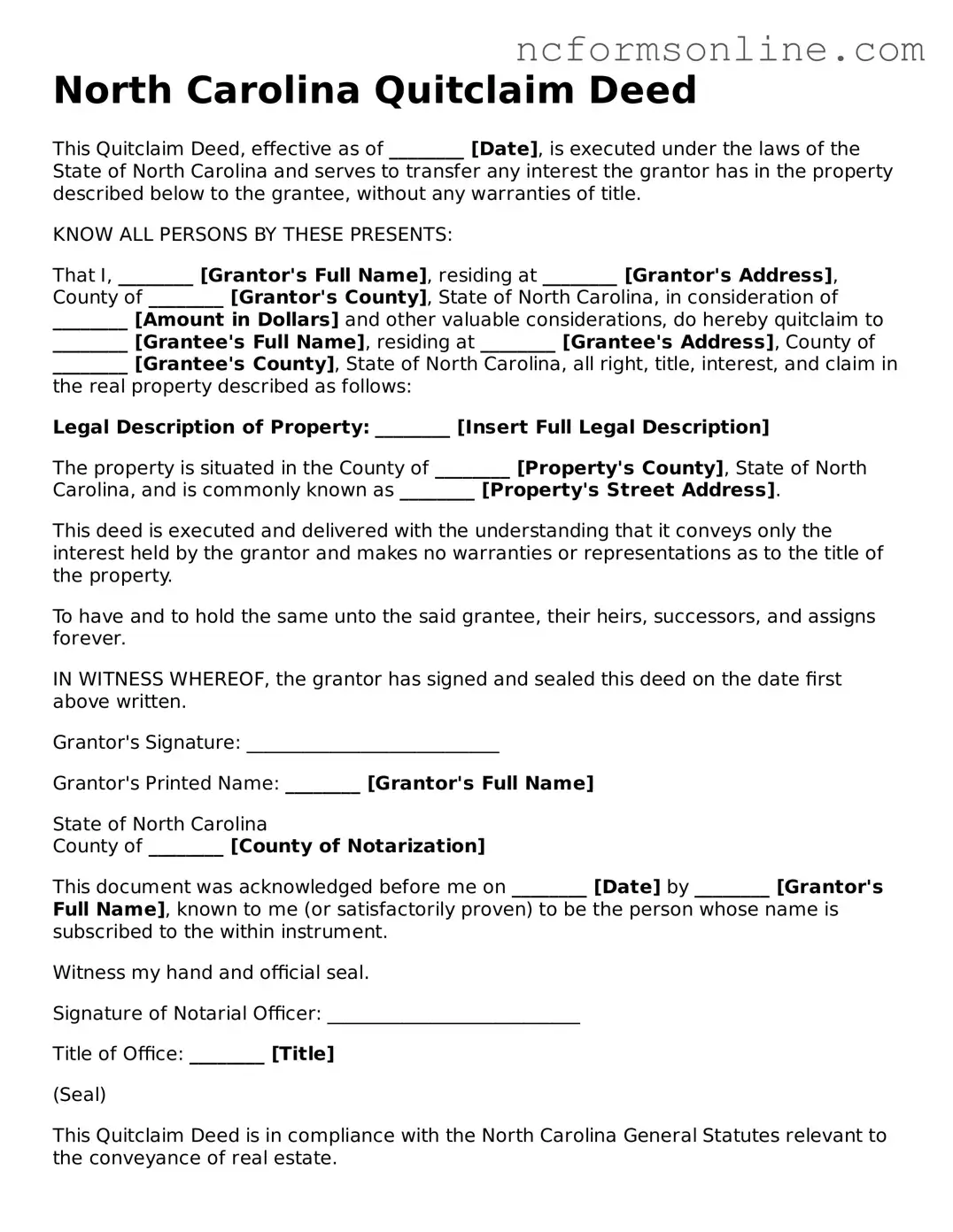 Blank  Quitclaim Deed Template for North Carolina