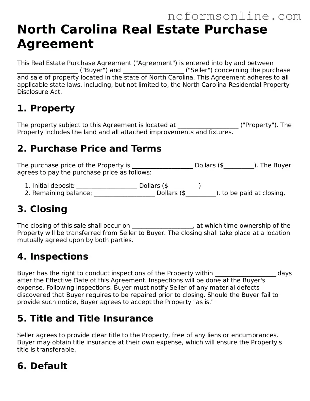 Blank  Real Estate Purchase Agreement Template for North Carolina