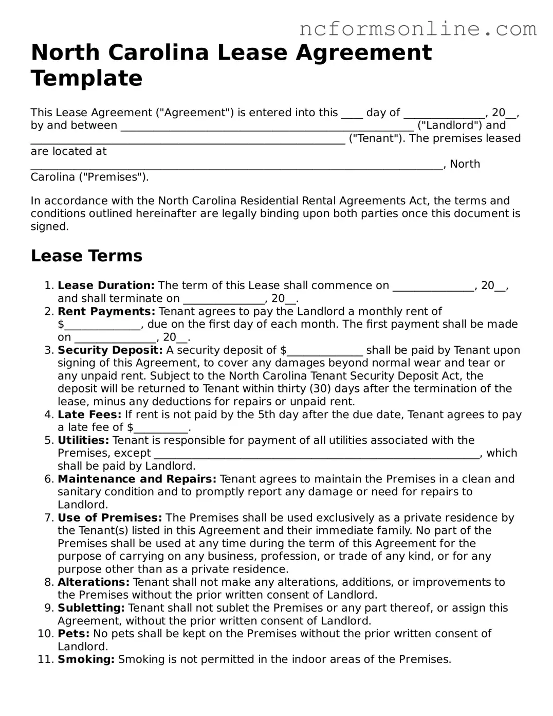 Blank  Lease Agreement Template for North Carolina