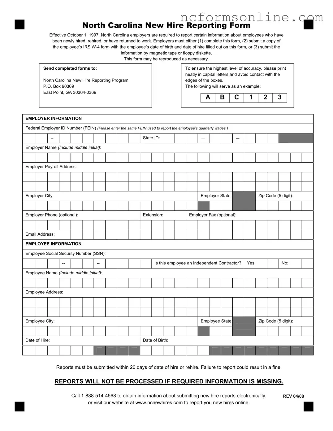 Free North Carolina Reporting Form