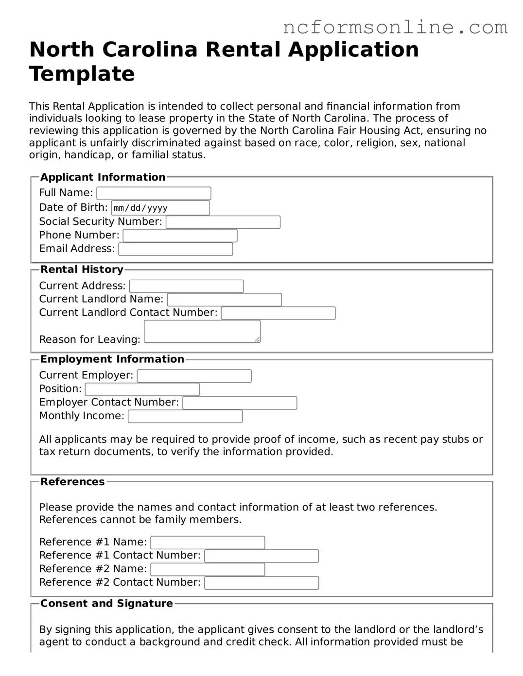 Blank  Rental Application Template for North Carolina