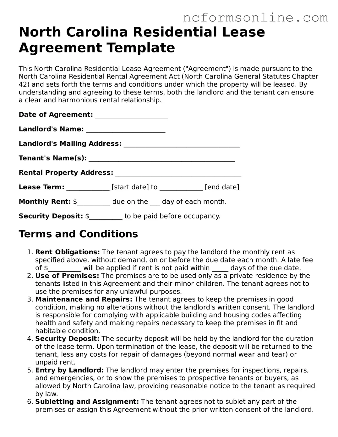 Blank  Residential Lease Agreement Template for North Carolina