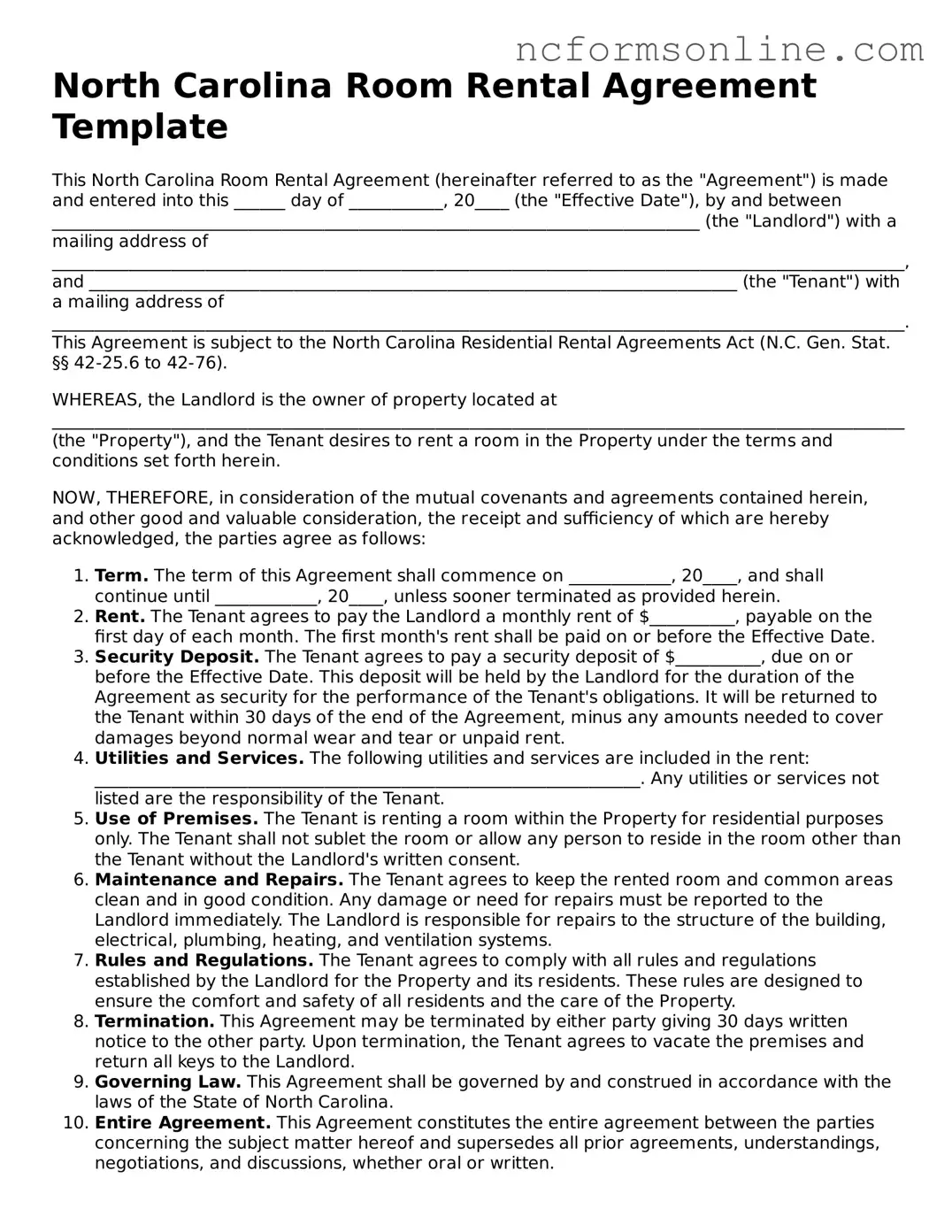 Blank  Room Rental Agreement Template for North Carolina