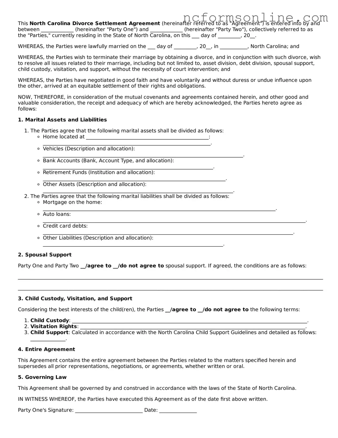 Blank  Divorce Settlement Agreement Template for North Carolina