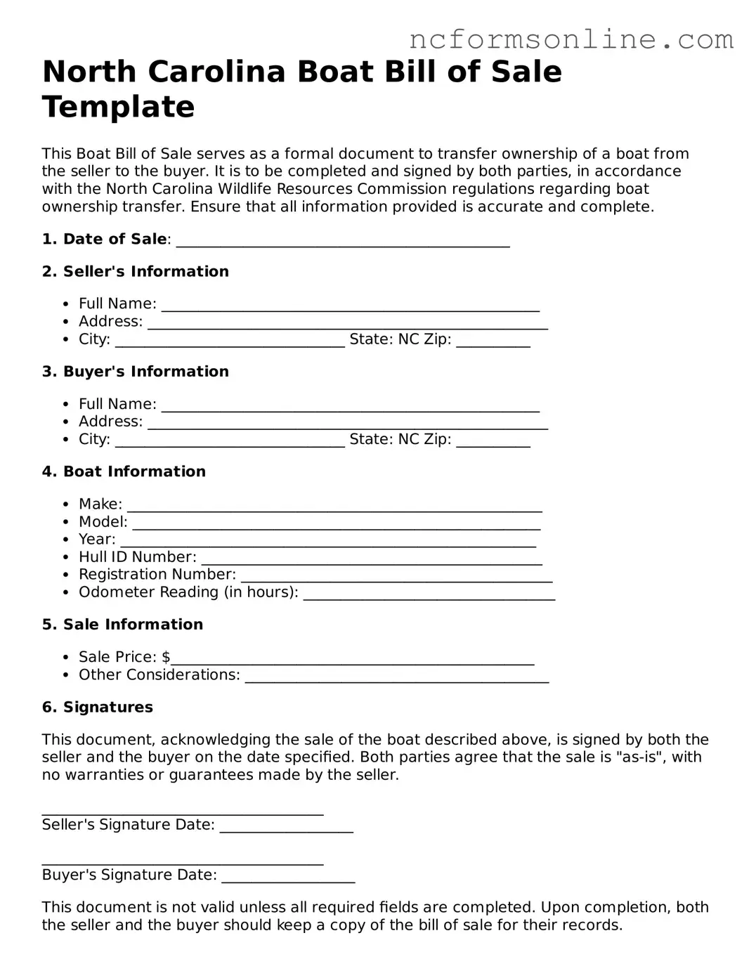 Blank  Boat Bill of Sale Template for North Carolina