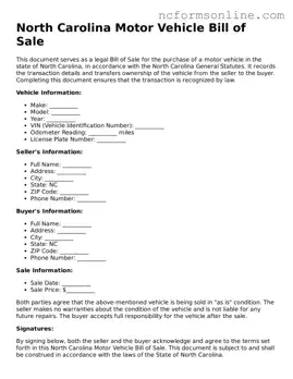 Blank  Motor Vehicle Bill of Sale Template for North Carolina