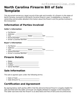 Blank  Firearm Bill of Sale Template for North Carolina