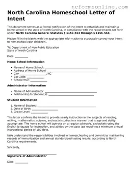 Blank  Homeschool Letter of Intent Template for North Carolina