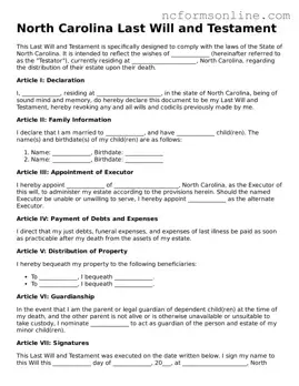 Blank  Last Will and Testament Template for North Carolina